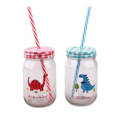 China Minimalist 16oz Dinosaur Popular Design Glass Mason Jar With Tin Lid And Handle For Valentine's Day for sale