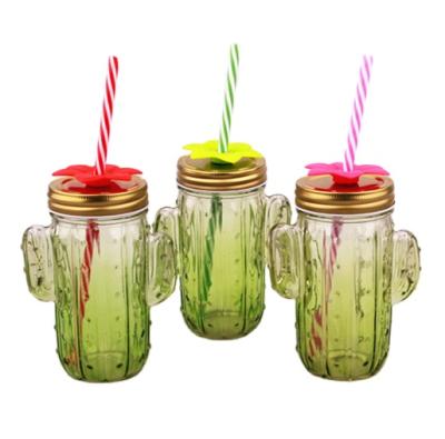 China Popular Vintage 14oz Cactus Glass Color Painted Straw Glass Juice Mason Jar Plastic Food Container for sale