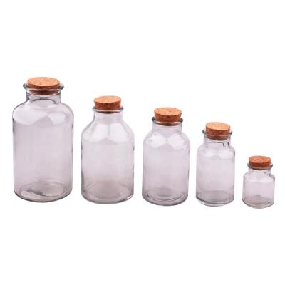 China Freshness Preservation Hot Selling Clear Round Glass Bottle With Cork Lid Glass Storage Jar Food Canister for sale