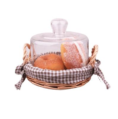 China 2021 popular freshness preservation cloche glass cake cover in wicker basket box for storage and decoration for sale