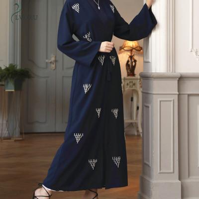 China Polyester Navy Blue Pearl Cardigan Floral Pattern 2 Piece Islamic Muslim Abaya for sale