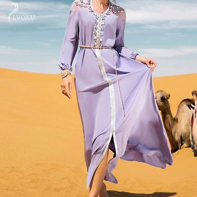 China Middle East Polyester Purple Satin Web Pullover Long Sleeve V-Neck Islamic Somali Abaya for sale