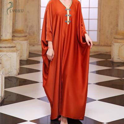 China Polyester Orange Satin Loose Doll Sleeves Casual Geometric Pattern Islamic Clothing Muslims Abaya Dress for sale