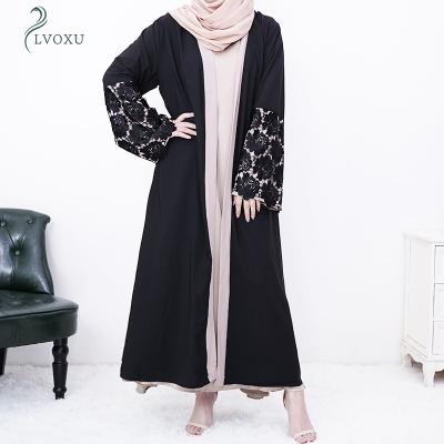 China Other Factory Price Muslim Islamic Women Clothing Women Black Lace Open Abaya for sale