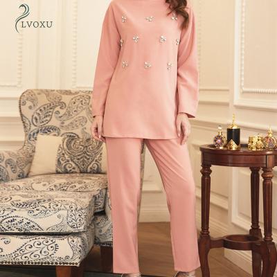 China Polyester Long Sleeve Casual Pink Diamond Encrusted Polyester Islamic Clothing Muslim Abaya Dress for sale