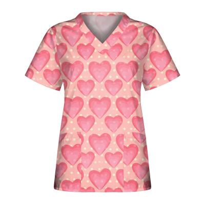 China Best Selling Eco-Friendly Scrubs Uniform Tops Rose Printing V-Neck Heart Print Scrubs Hot Selling Hospital Nursing Suit for sale