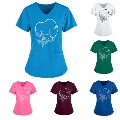 China Eco - Friendly Polyester Heart Printed Womens Medical Uniform Hospital Scrubs Uniform Top for sale