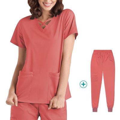 China Wholesale 2022 New Release Eco-Friendly X Neck Scrub Uniform Sets For Women Quick Dry V-Neck Scrub Top And Yoga Jogger Scrub Pants for sale