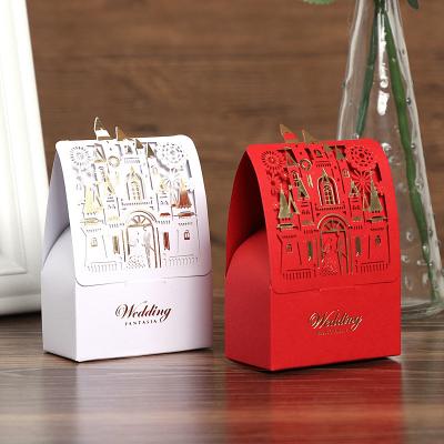 China Recyclable Wholesale Cardboard White Red Hollow Castle Foil Stamping Wedding Favor Candy Gift Box Packaging for sale