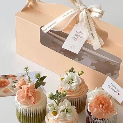 China Wholesale Recyclable 4 Count Rose Cardboard Clear Take Away Food Cupcake Box With Window Handle for sale