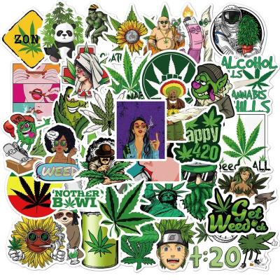 China 50Pcs Decorative Sticker Green Spoof Graffiti Weed Stickers For Skateboard Notebook Luggage Motorcycle Laptop Vinyl Smoking Stickers for sale