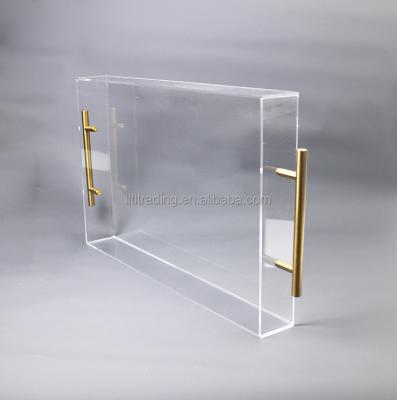 China Large size rectangle handmade custom fashion morden decorative clear acrylic tray table lucite trays for serving with gold handles for sale