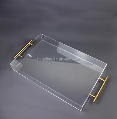 China Handmade Customize Luxury Acrylic Bed Tray with Gold/Silver Handles for Breakfast Home Hotel Plexiglass Clear Lucite Plastic Tray for sale