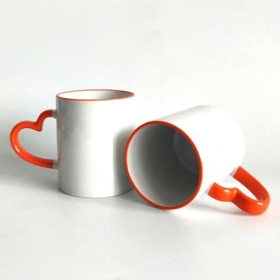 China Disposable 11oz Sublimation Round White Ceramic Mug With Heart Color Rim Handle for sale