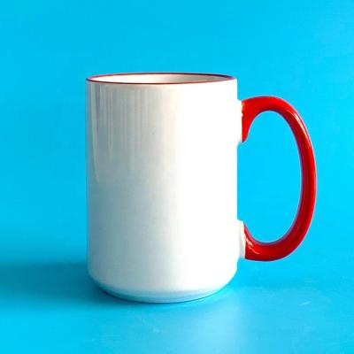 China Customized Viable 15oz Color Rim Handle Blank White Ceramic Coffee Sublimation Mugs With Printing Logo for sale