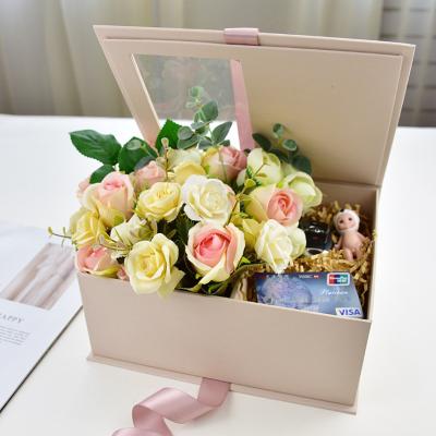 China Recycled Materials Custom Color PVC Window Paper Gift Packing Box With Pink Ribbon for sale