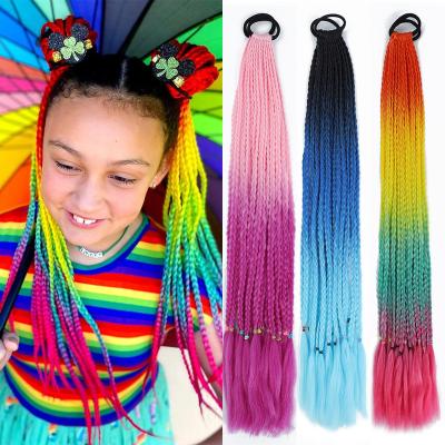 China High temperature fiber Synthetic Colored Braided Ponytail Hair Extension Rainbow Color Braids Pony Tail With Elastic Band Girl's Pigtail for sale