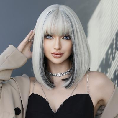 China Black Silver Short Straight Highlight Wig With Bangs For Women Natural Straight Synthetic Hair Bob Wig Heat Resistant Fiber for sale