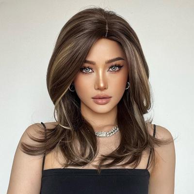 China Deep Wave Synthetic Women's Wavy Brown Long With Blonde Wigs Natural Wavy Heat Resistant Wig For Women Party Fashion Wigs for sale