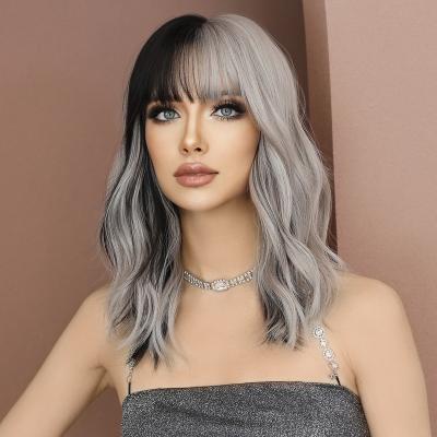 China Regular Wave Silver Black Wavy Wig For Daily Medium Natural Synthetic Hair Wig Part Cosplay Woman Heat Resistant Fiber for sale