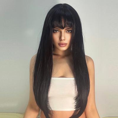 China Long Straight Dark Black Synthetic Wigs With Bangs Natural Daily Hair For Women Cosplay Party Heat Resistant Wigs for sale