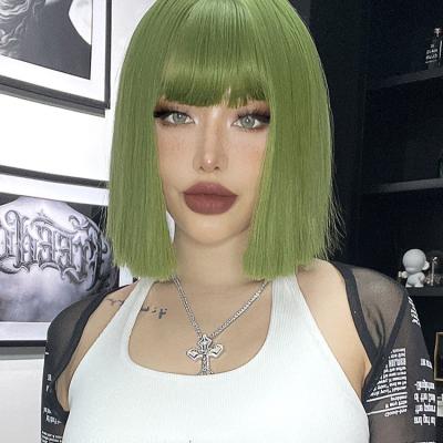 China Short Green Straight Bob Hair Synthetic Wig For Woman With Bangs Ombre Pink Blonde Cosplay Lolita Party Heat Resistant Daily Natural Hair for sale