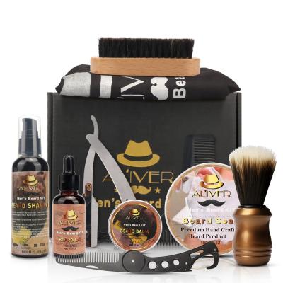 China Comfortable 12 in 1 Men's Beard Grooming Kit With Beard Shampoo Balm Oil Soap Double Brush Combs Bib Packing Box for sale