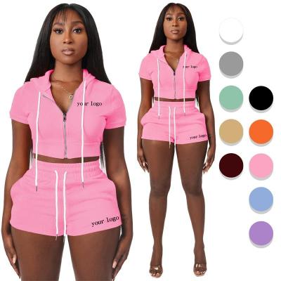 China Custom Logo Women Hoodie Two Piece Short QUICK DRY Set Women Zip Up Hooded Crop Hoodie Sweatshirt And Shorts Sweat for sale