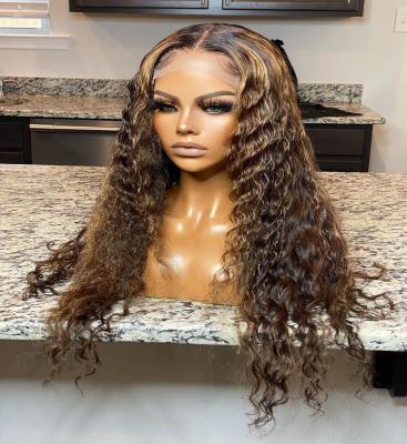 China Natrual Soft Smooth Thick Blonde Highlights Pre Plucked Curly Lace Front Raw Virgin Human Hair Transparent Wigs Deep Wave Lace Wig Mix Color for sale