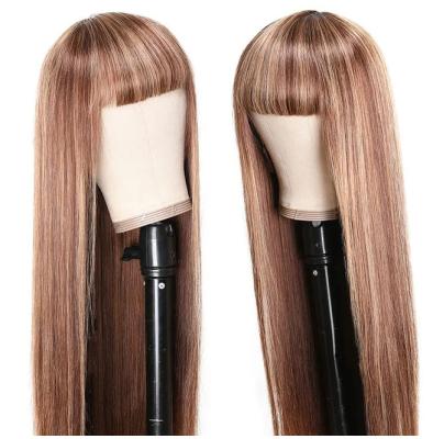 China Unprocessed 100% Virgin Human Hair Silky Straight Unprocessed Honey Blonde Highlight Color Long Glueless Wave Wig With Bang for sale