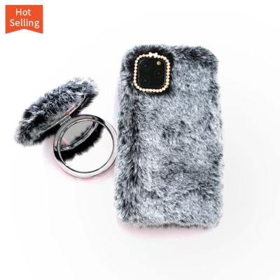 China Amazon Warm Luxury Plush Rabbit Fur Anti-fall Winter Fluffy Mobile Phone Case Cover For Iphone 11 pro Max With Mirror for sale