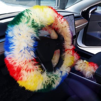 China Multi Color Comfortable Girly Fluffy Car Fuzzy Real Fur Automotive Furry Hubcap Steering Set For Women for sale