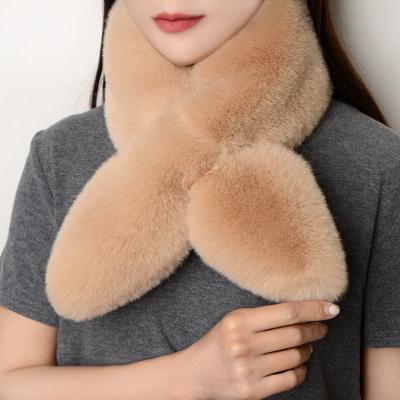 China Mid 2021 New Fashion Faux Fur Wraps Muffler Thickened Women's Warm Fur Collar Simple Cross Scarf for sale