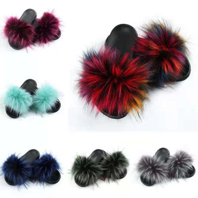 China Custom Fashion Trend Seller Women Big Full Real Fox Fur Raccoon Slippers Faux Fur Sandals Wholesale Slides Fashion Fur Slides for sale