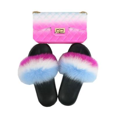 China Trend Fashion Luxury Mini Purses and Furry Handbags and Sandals Sets Ladies Fashion Rainbow Fur Slides and Jelly Bag Set Wholesale for sale