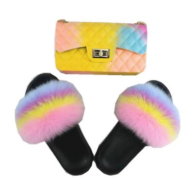 China 2021 Fashion Trend PVC Small Luxury Handbags For Women Famous Designers Fur Sandals Set Furry Jelly Purse Matching With Pearl Handle for sale