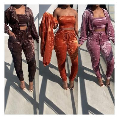 China Fashion Autumn Winter Women Clothing Velor Tracksuit Solid Color Breathable Velvet 3 Piece Wear Set Sweated Tube Top Warm Hooded Jacket for sale