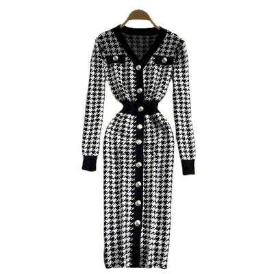 China Autumn Winter New Fashionable Casual Anti-wrinkle Retro Slim Fit Houndstooth Midi Length Pencil Dress V Neck Knitted Sweater Dress for sale