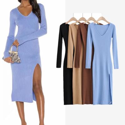 China Autumn And Winter France Style Breathable New Fashion Deep V-Neck Side Split Long Skirt Sheath Knitted Sweater Dress Mid Length for sale