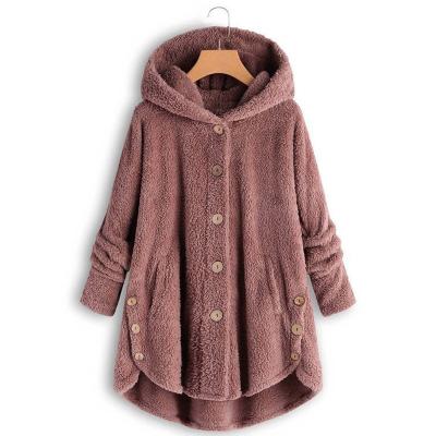 China Autumn and winter button plush hooded coat solid color reversible wholesale irregular irregular woman for sale