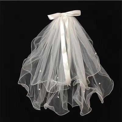 China Pearl Edge Women Wedding Accessories Veil Ribbon Bow Two Layers Beaded Wedding Vail White Veils Shortly Led Pearl Bridal Ribbon for sale