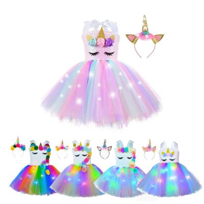 China Unicorn Birthday Party Tutu Kids Toddler Clothing Princesses Girls Dresses Anti-wrinkle Rainbow Led Light Flower 2-12 for sale