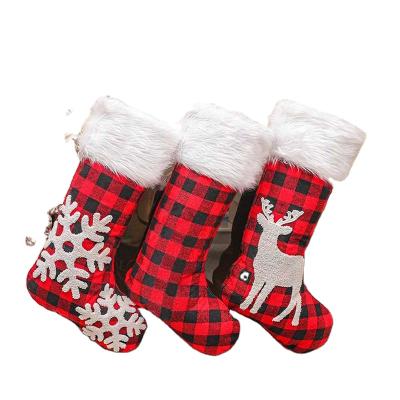 China Hot Seller Christmas Tree Decorations Santa Socks Merry Christmas Stocking Red Black Plaid For Kid Gift for sale