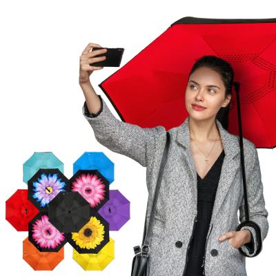 China Wholesale Custom Logo Printed Double Fabric Windproof Upside Down Reverse Reverse Umbrella Straight Golf Umbrella With C Shape Handle for sale