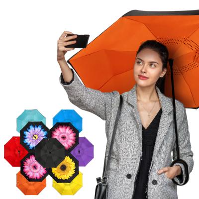 China Golf Umbrella Straight Double Sided Custom Logo Printed Reverse Inverted C Handle Inverted Upside Down Promotion Umbrella for sale