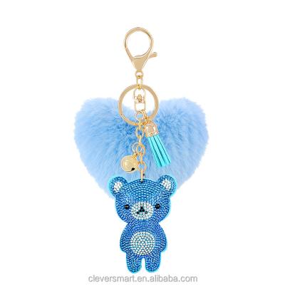 China Each Wholesale Gold Plated Keychain Full Pave Pom Pom Heart Teddy Bear Crystal Bear Charms Keychain Multicolored Fur Key Chain for sale