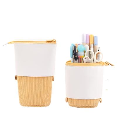 China Schools & Desks Educate Retractable Pencil Case Kids Stationery Pen Holders Canvas Corduroy Standing Up Telescopic Pencil Case for sale