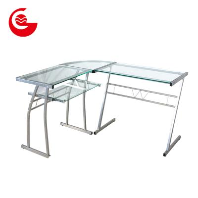 China Cheap L shape metal frame tempered glass office computer table for sale