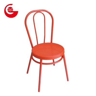 China Modern Cheap Round Shape PP Rattan Seat Wrought Iron Backrest Modern Metal Dining Chairs Indoor Chair for sale