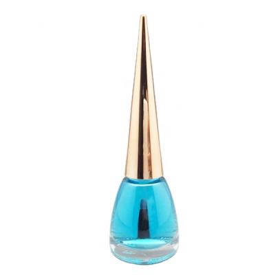 China Cosmetic Fancy Clear Glass 12ml Nail Polish Round Cone Shaped Empty Bottle With Long Rose Gold Nail Polish Cap And Wide Brush for sale